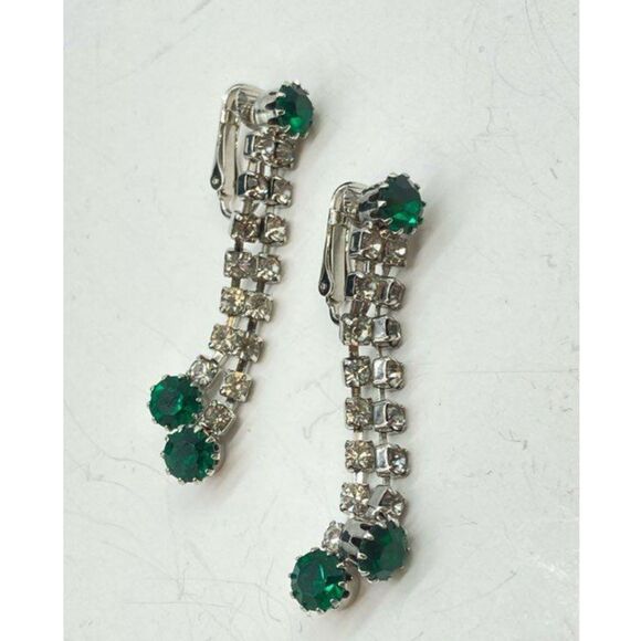 Vintage Demi Parure White & Green Rhinestone Choker Necklace & Clip Earrings Set - Picture 4 of 6
